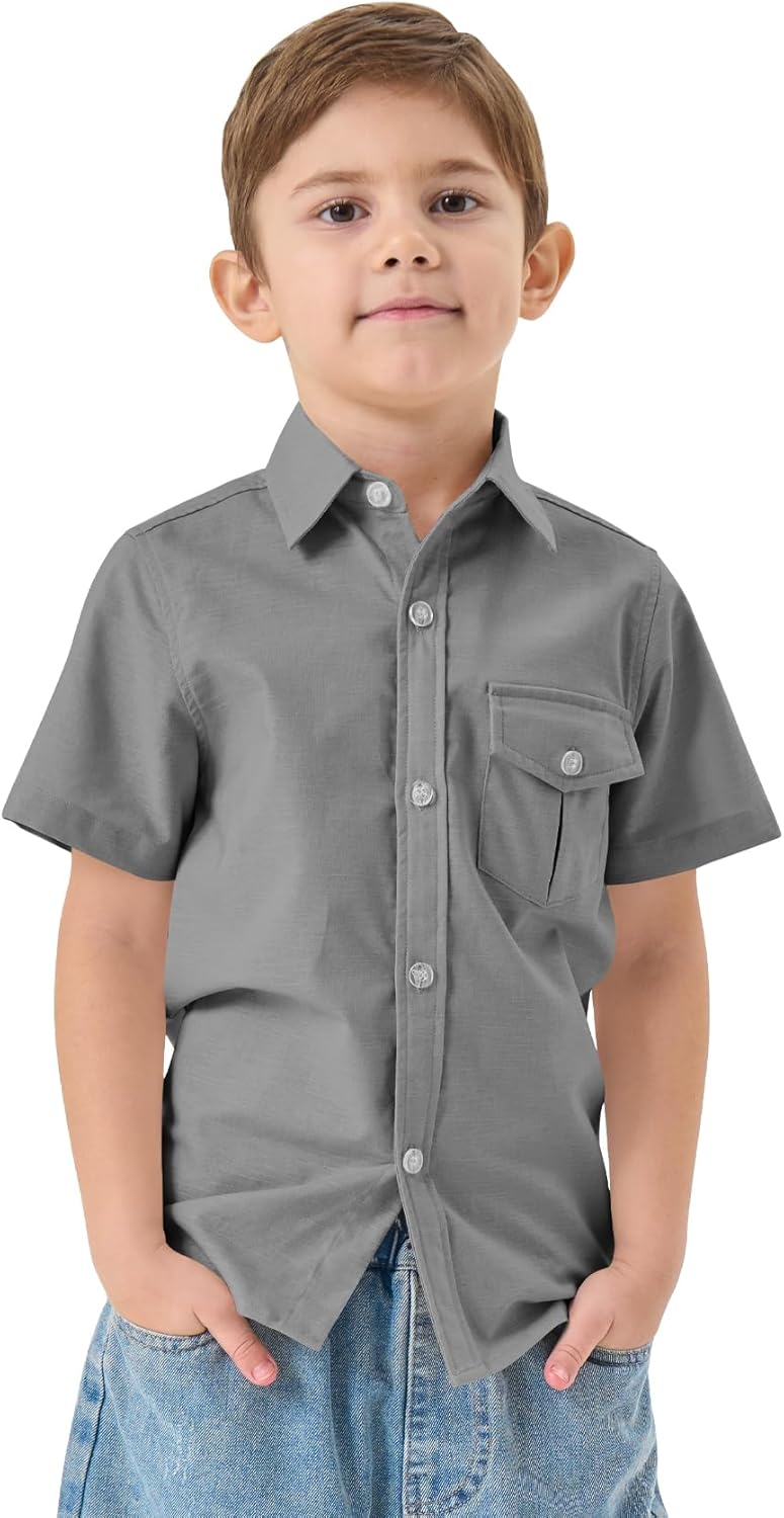 QBK Boys' Cotton Linen Short Sleeve Classic Button Down Shirts Boys Dress Shirt with Chest Pocket for 2T-16 Years