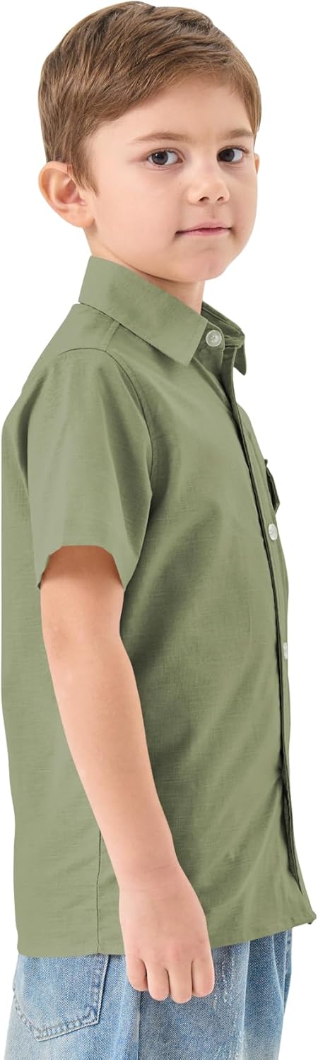 QBK Boys' Cotton Linen Short Sleeve Classic Button Down Shirts Boys Dress Shirt with Chest Pocket for 2T-16 Years