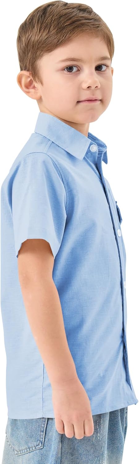 QBK Boys' Cotton Linen Short Sleeve Classic Button Down Shirts Boys Dress Shirt with Chest Pocket for 2T-16 Years