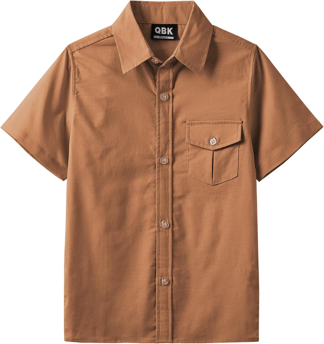 QBK Boys' Cotton Linen Short Sleeve Classic Button Down Shirts Boys Dress Shirt with Chest Pocket for 2T-16 Years