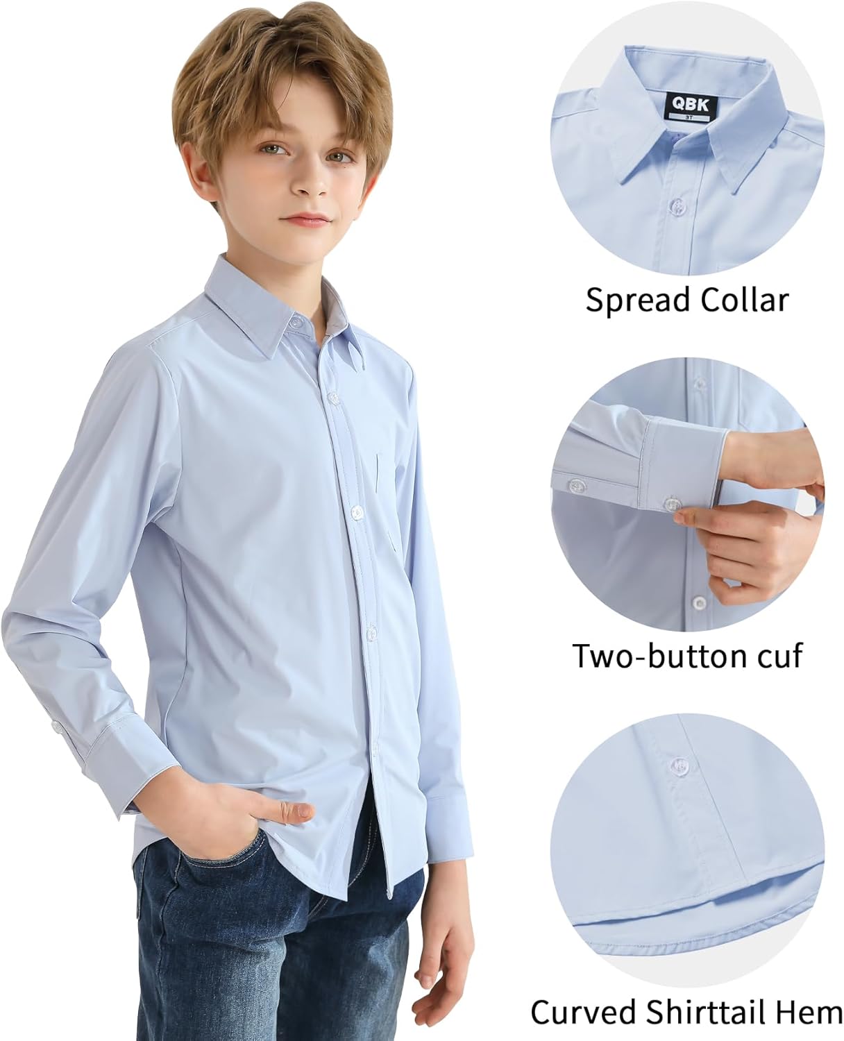 2T-16Y Boys' Stretch Long Sleeve Button Down Toddler Dress Shirt Wrinkle Free Oxford Uniform Shirt with Chest Pocket