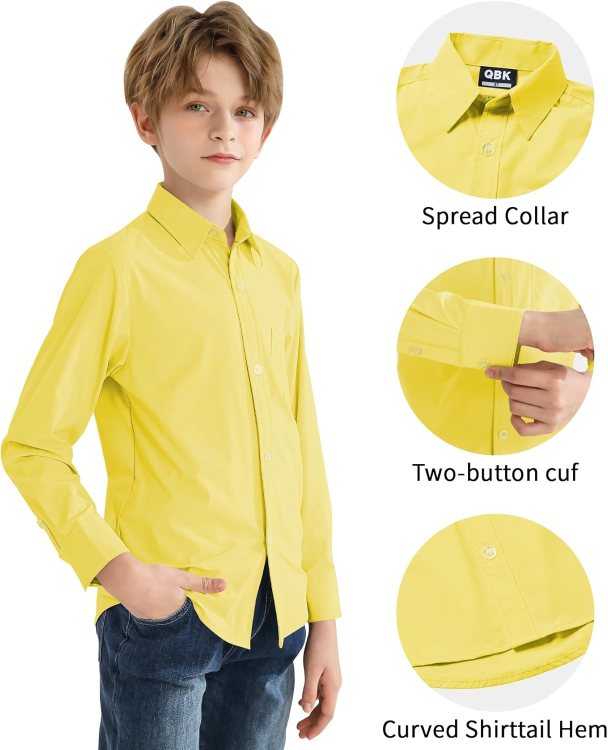 2T-16Y Boys' Stretch Long Sleeve Button Down Toddler Dress Shirt Wrinkle Free Oxford Uniform Shirt with Chest Pocket