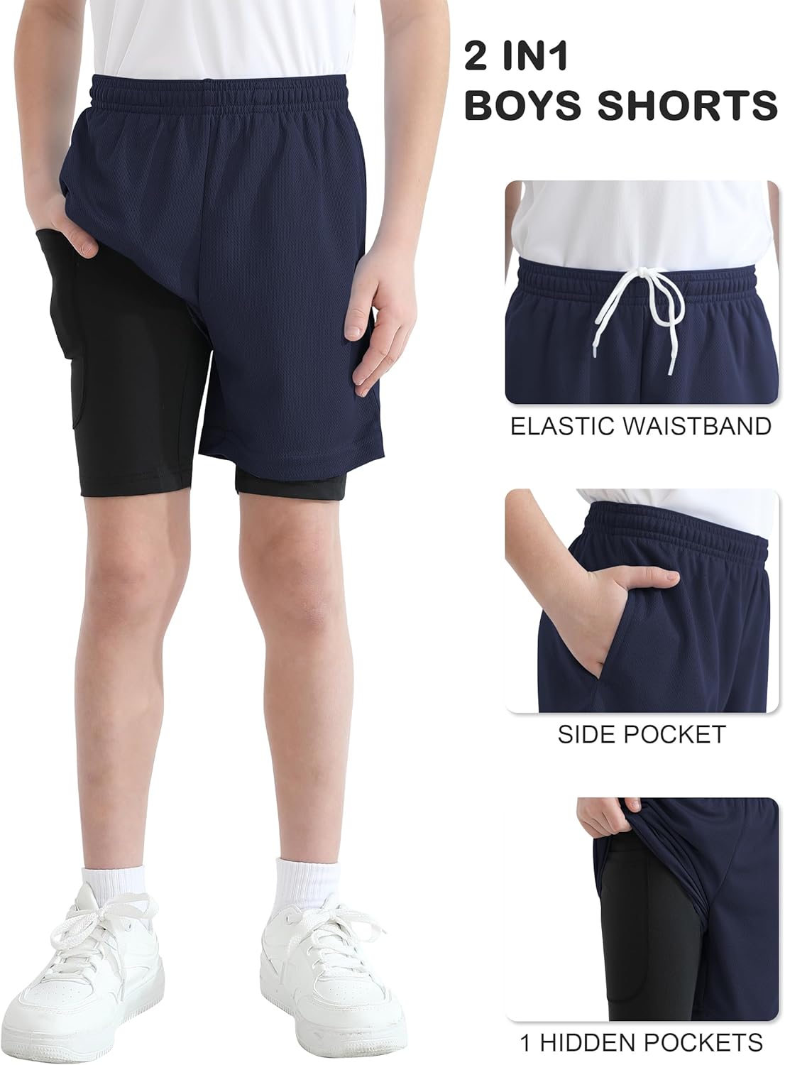 QBK Toddler to Youth Boys 2 in 1 Athletic Shorts Basketball Compression Shorts with Liner for Girls Soccer Running Sports