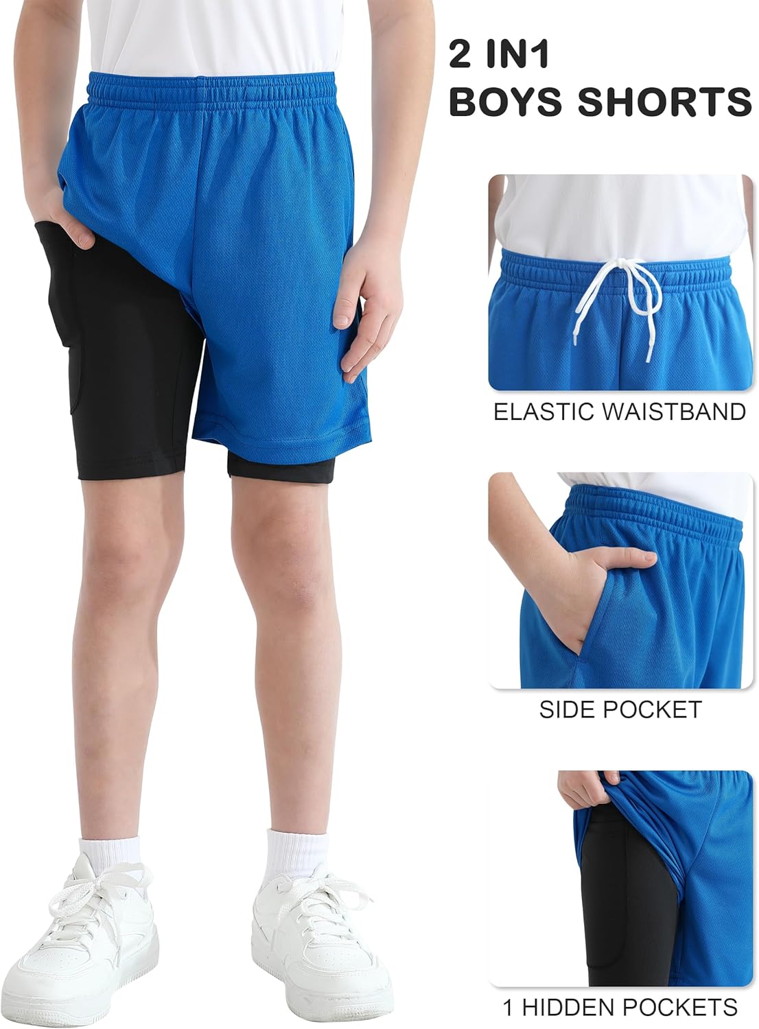 QBK Toddler to Youth Boys 2 in 1 Athletic Shorts Basketball Compression Shorts with Liner for Girls Soccer Running Sports