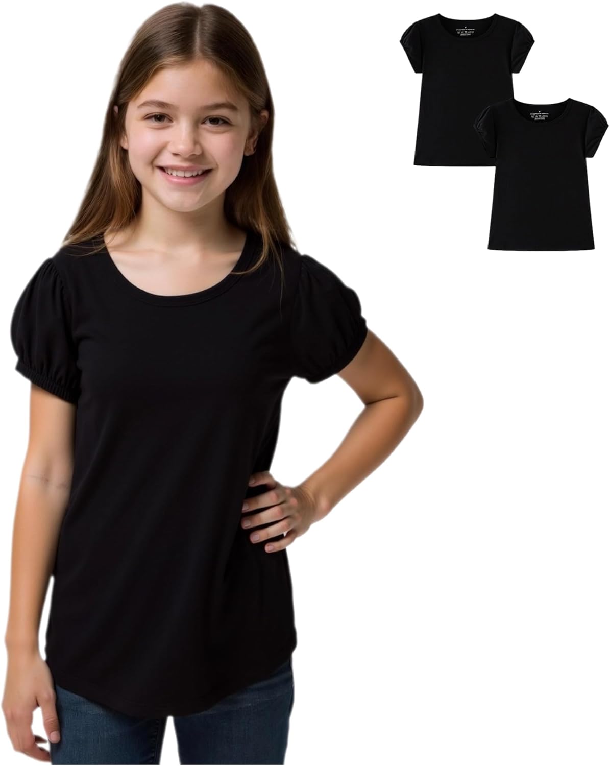 Huata Girls Short Puff Sleeve Tee Basic T-Shirt 2 Packs Crewneck