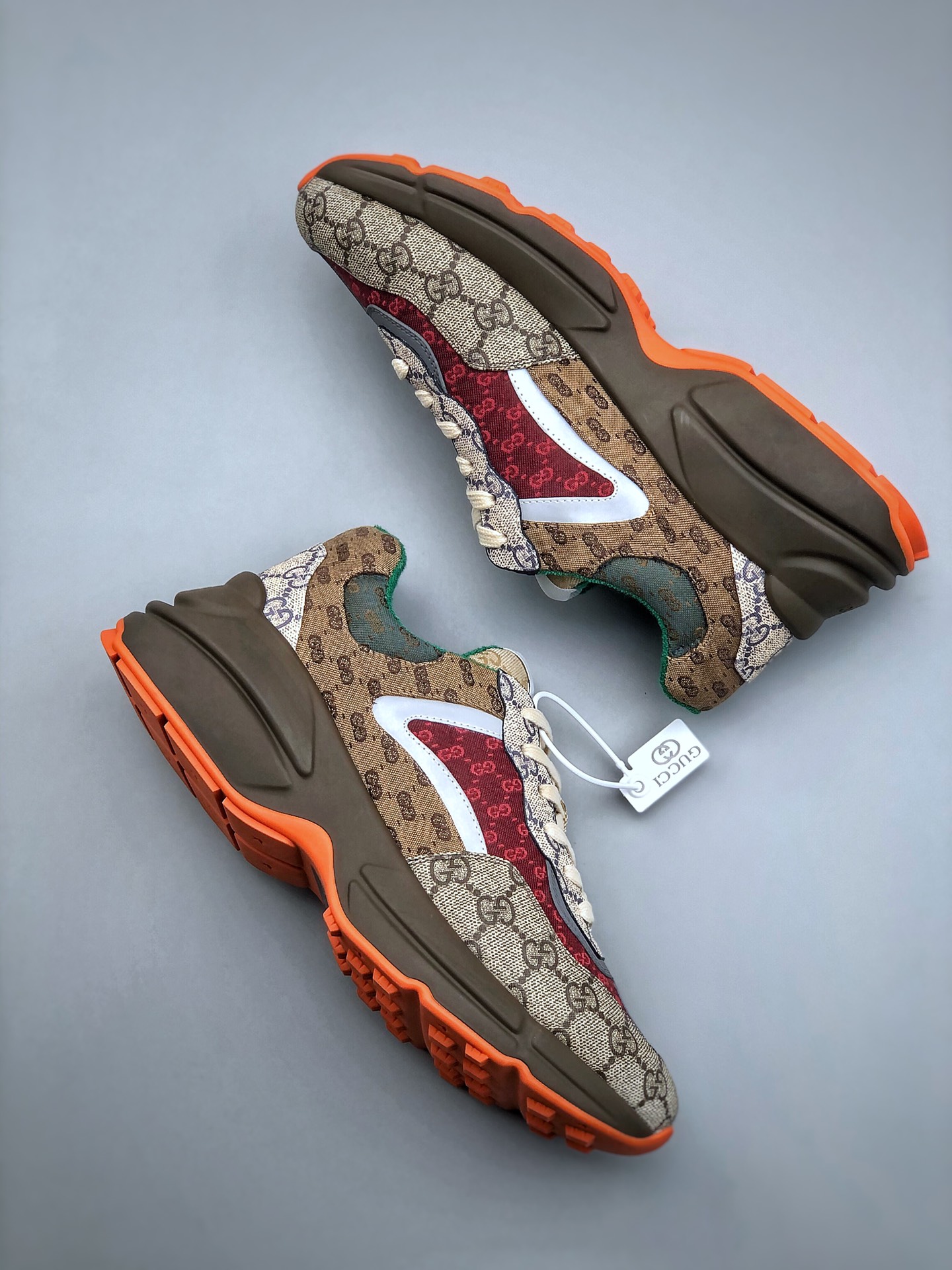 GUCCI Rhyton Fabric Double G Trendy Print Low-Top Dad Sneakers – Unisex, Red