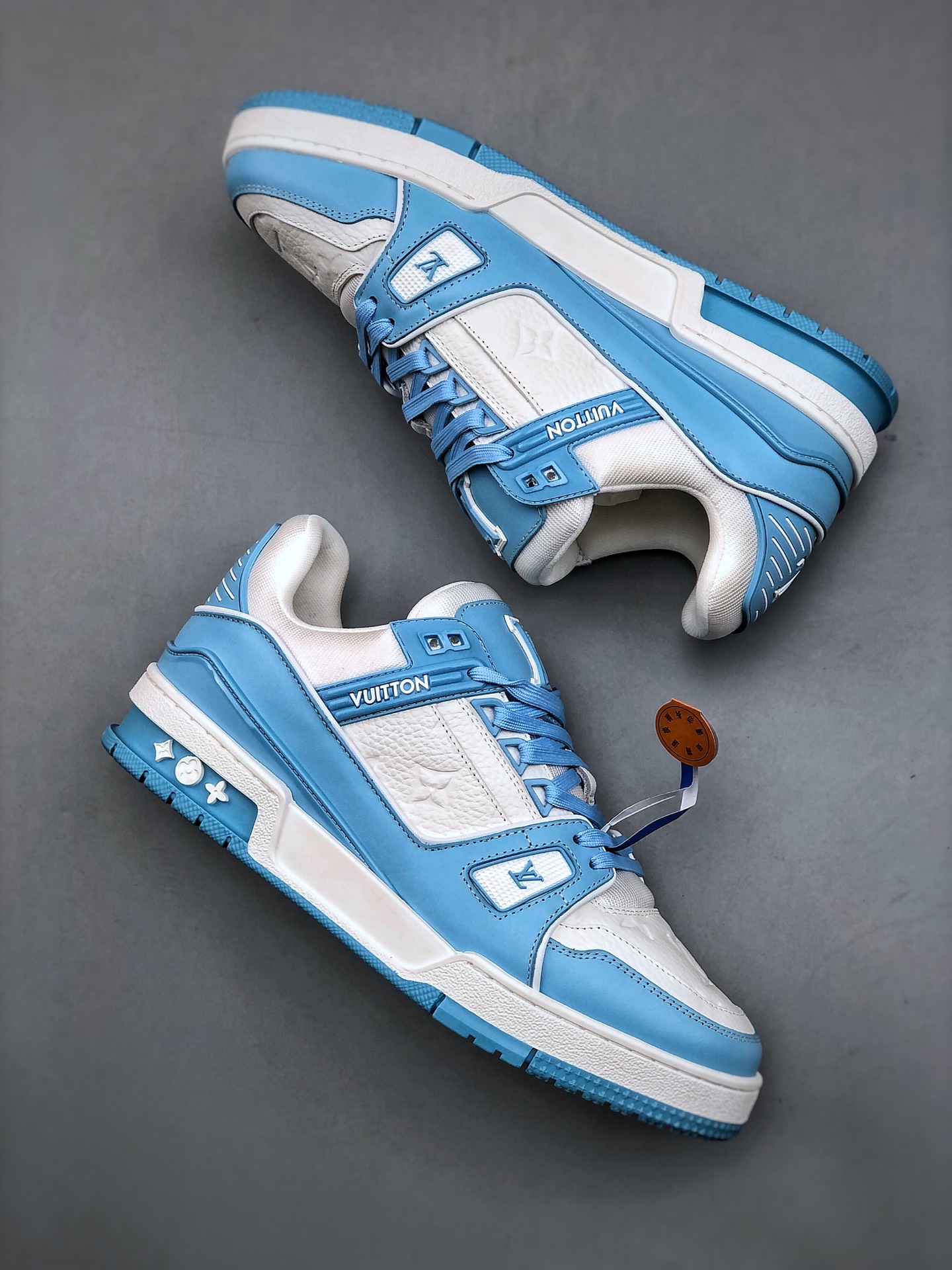 LOUIS VUITTON Trainer Embossed Leather Lace-Up Low-Top Fashion Sneaker – Unisex, Sky Blue