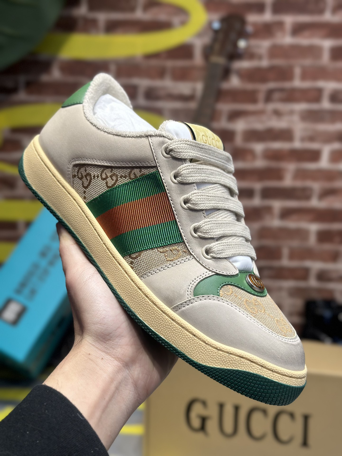 GUCCI Screener Distressed Leather Sneaker with GG Enamel – Unisex Lace-Up Low-Top in Green