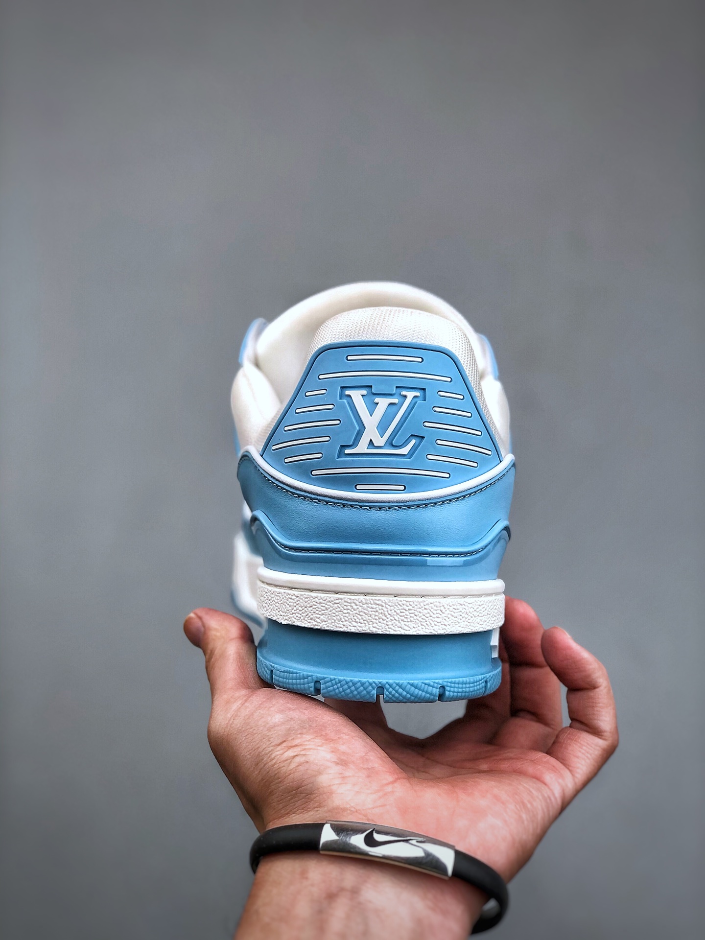 LOUIS VUITTON Trainer Embossed Leather Lace-Up Low-Top Fashion Sneaker – Unisex, Sky Blue