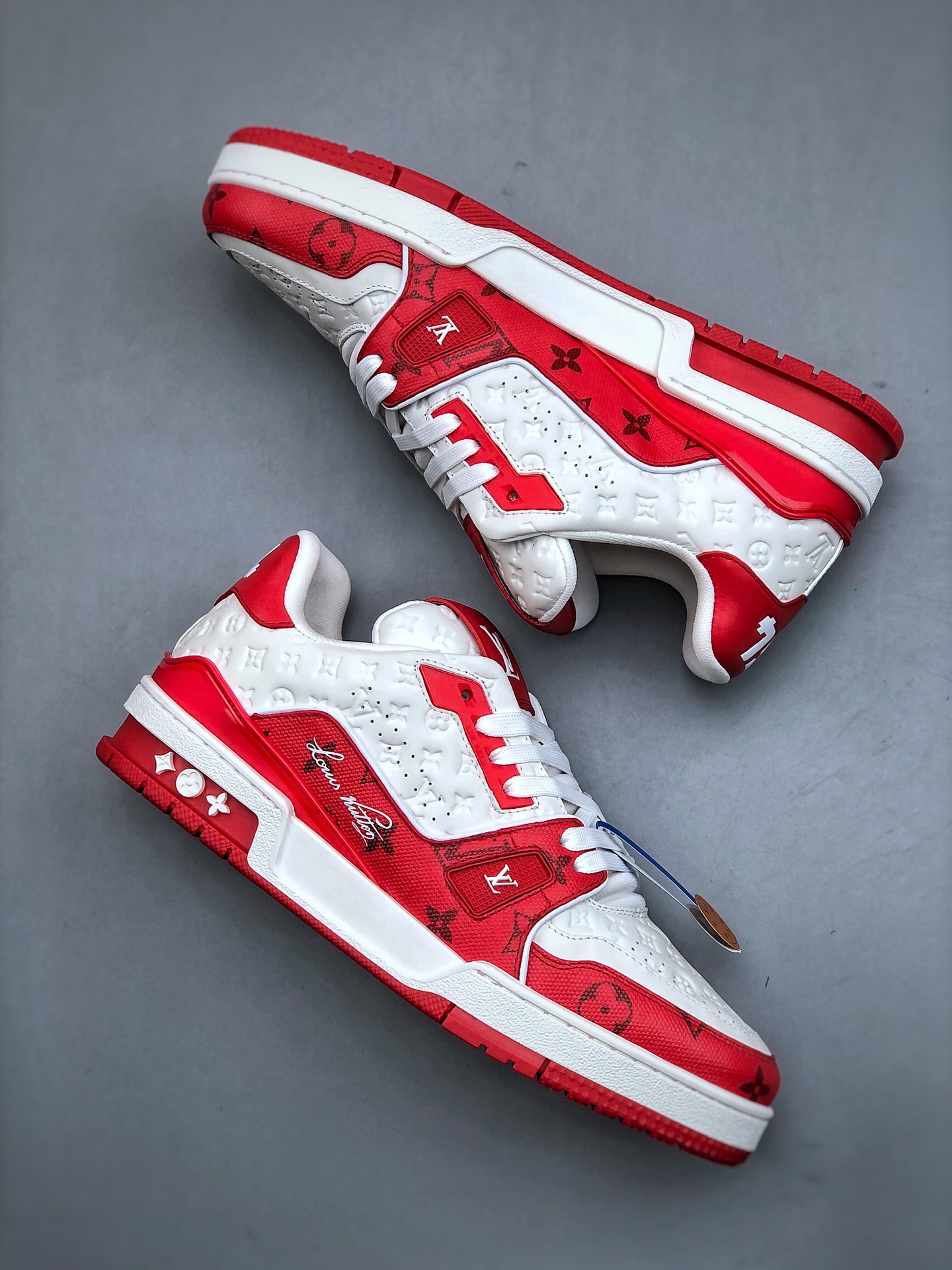 LOUIS VUITTON Trainer Leather Lace-Up Logo Street Style Low-Top Fashion Sneaker – Unisex, White & Red