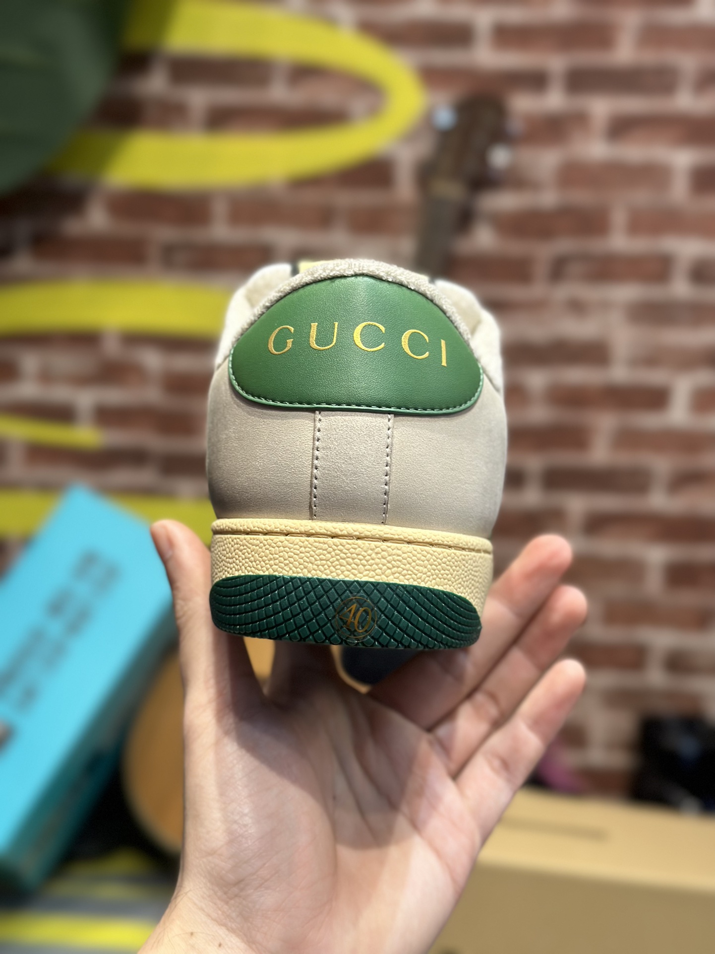 GUCCI Screener Distressed Leather Sneaker with GG Enamel – Unisex Lace-Up Low-Top in Green