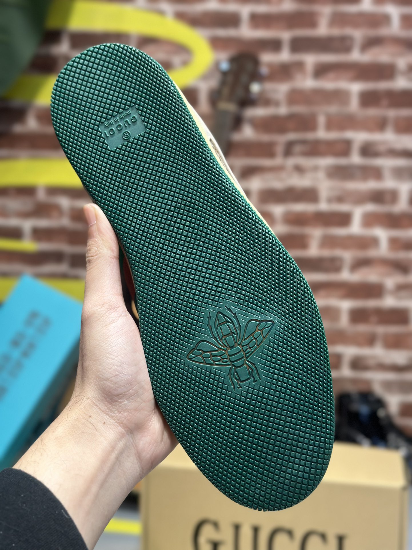 GUCCI Screener Distressed Leather Sneaker with GG Enamel – Unisex Lace-Up Low-Top in Green