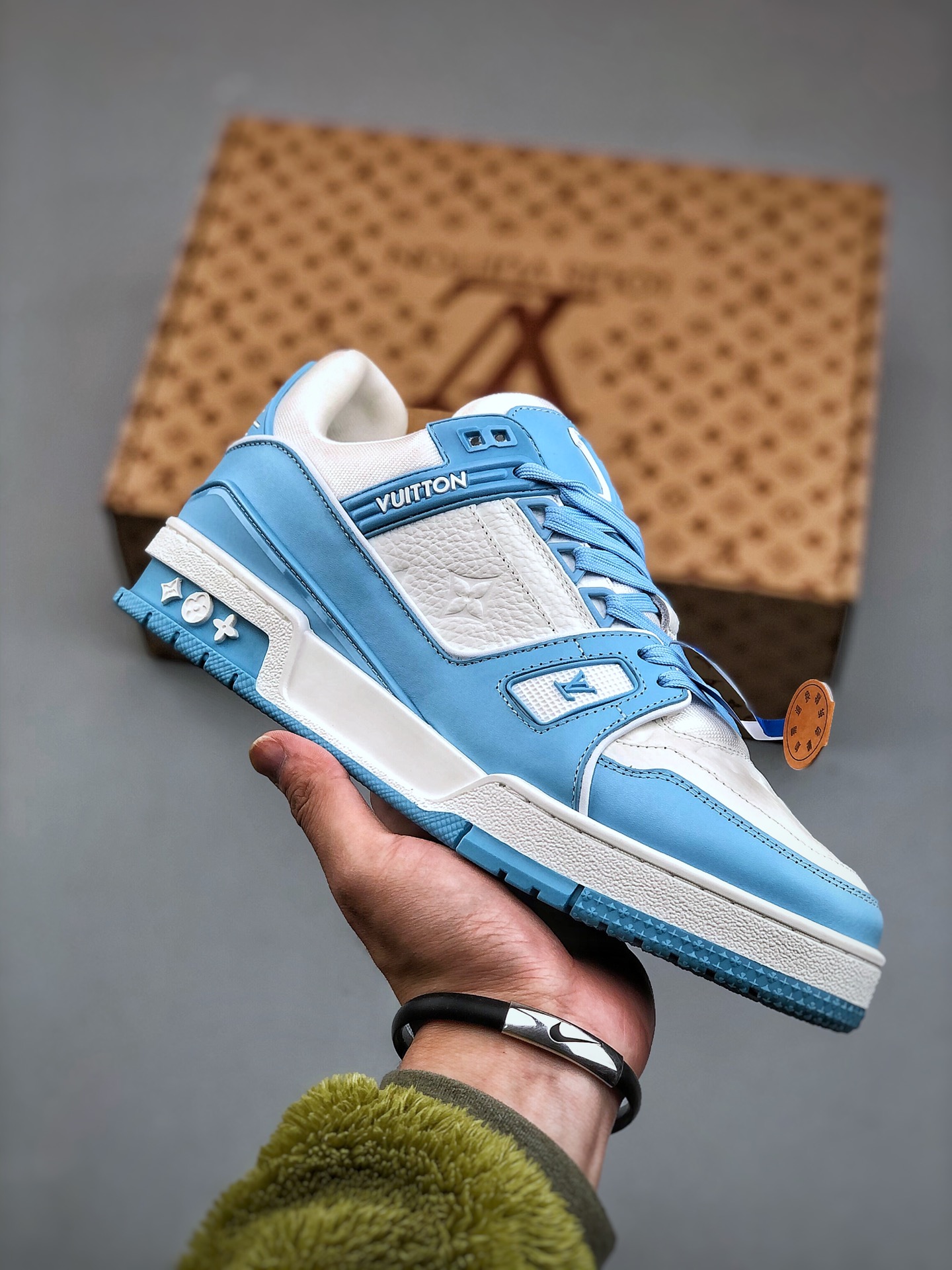 LOUIS VUITTON Trainer Embossed Leather Lace-Up Low-Top Fashion Sneaker – Unisex, Sky Blue