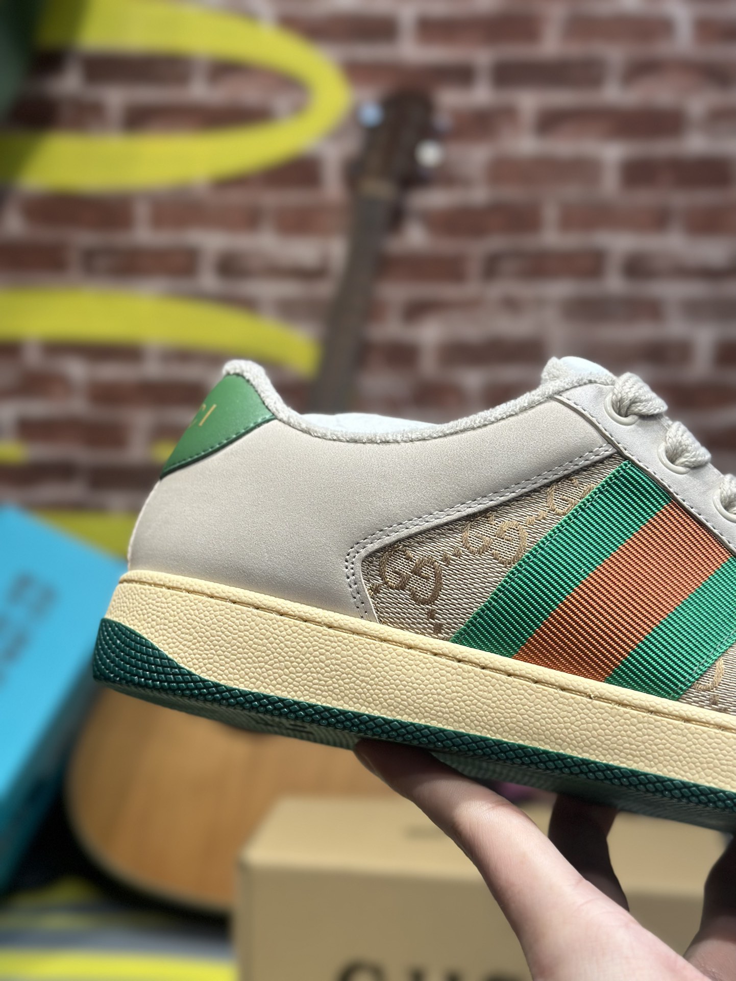 GUCCI Screener Distressed Leather Sneaker with GG Enamel – Unisex Lace-Up Low-Top in Green