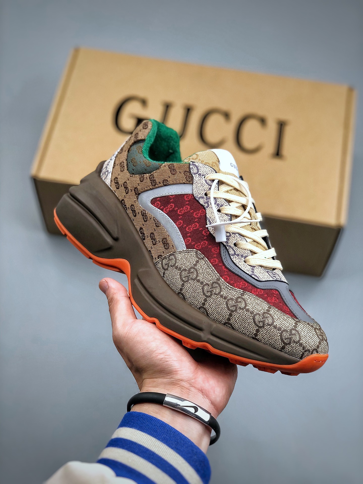 GUCCI Rhyton Fabric Double G Trendy Print Low-Top Dad Sneakers – Unisex, Red