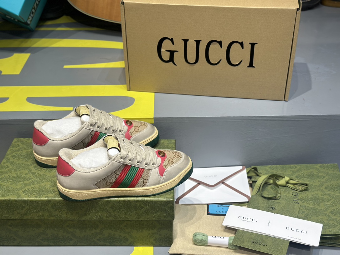 GUCCI Screener Leather Sneaker – Distressed Effect Fashion Shoe for Women, Ebony