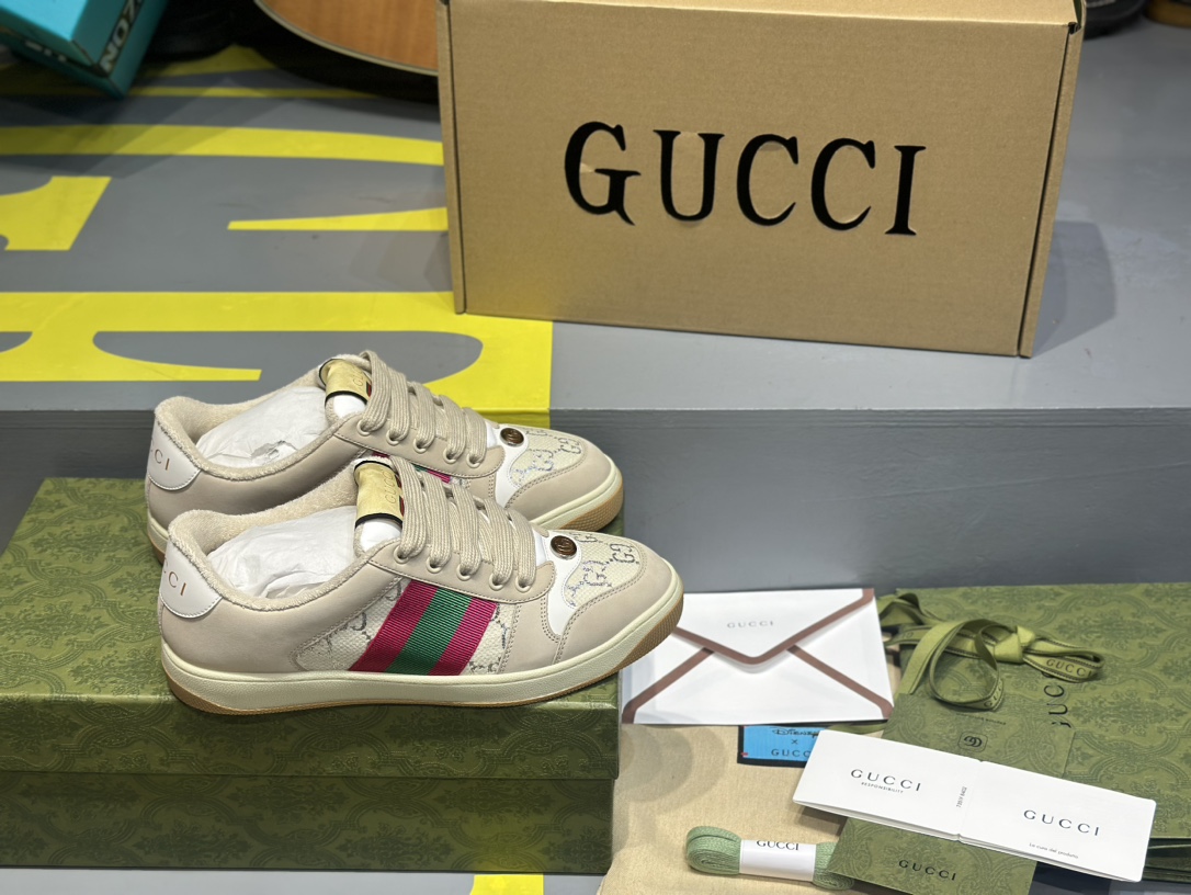 GUCCI Screener Distressed Leather Lace-Up Low-Top Sneaker – Women's Fashion, Beige