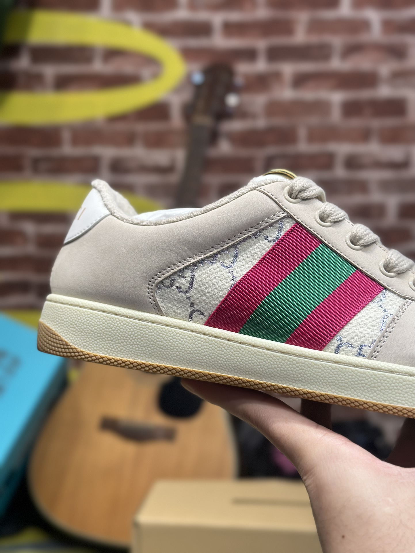 GUCCI Screener Distressed Leather Lace-Up Low-Top Sneaker – Women's Fashion, Beige