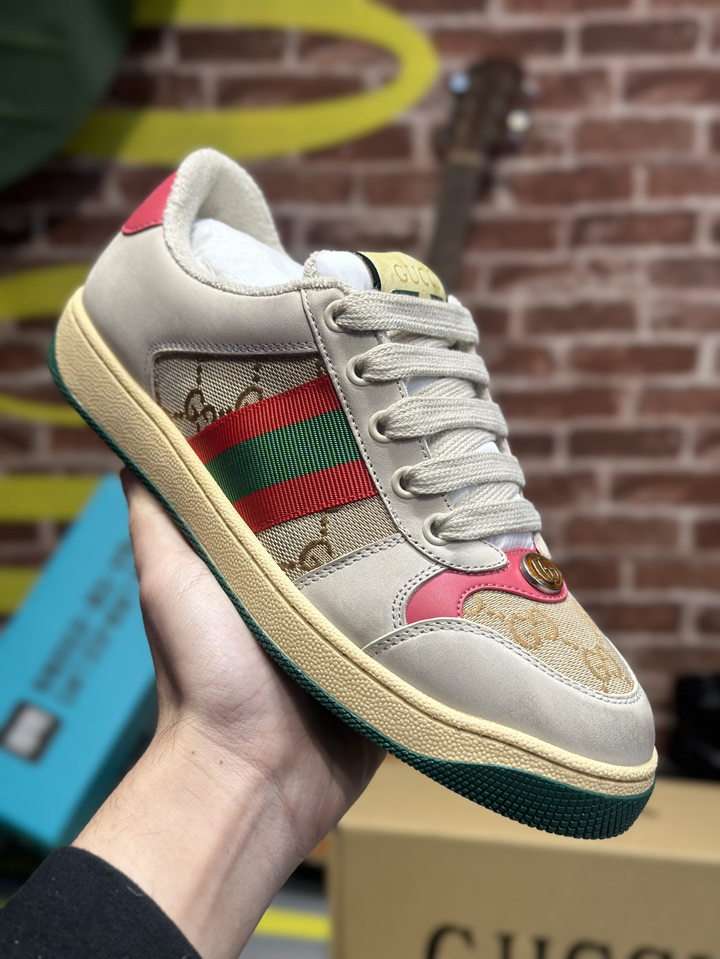 GUCCI Screener Leather Sneaker – Distressed Effect Fashion Shoe for Women, Ebony