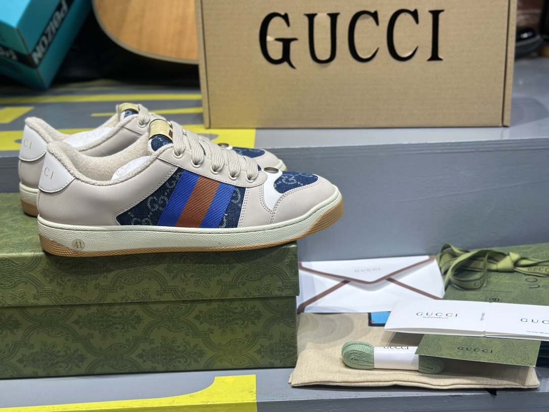 GUCCI Screener Distressed GG Enamel & Multicolor Print Low-Top Sneaker – Red/Blue (Unisex)