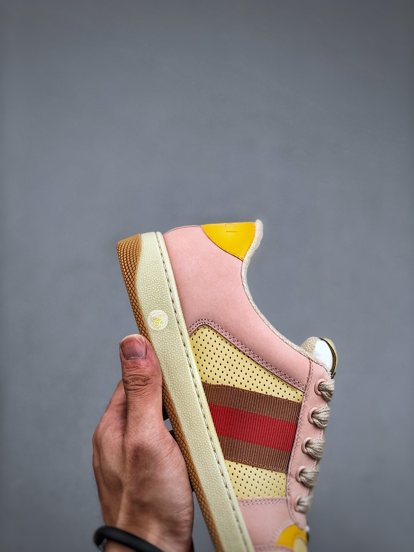 GUCCI Screener Low-Top Lace-Up Fashion Sneaker for Women – Pink/Yellow/Brown