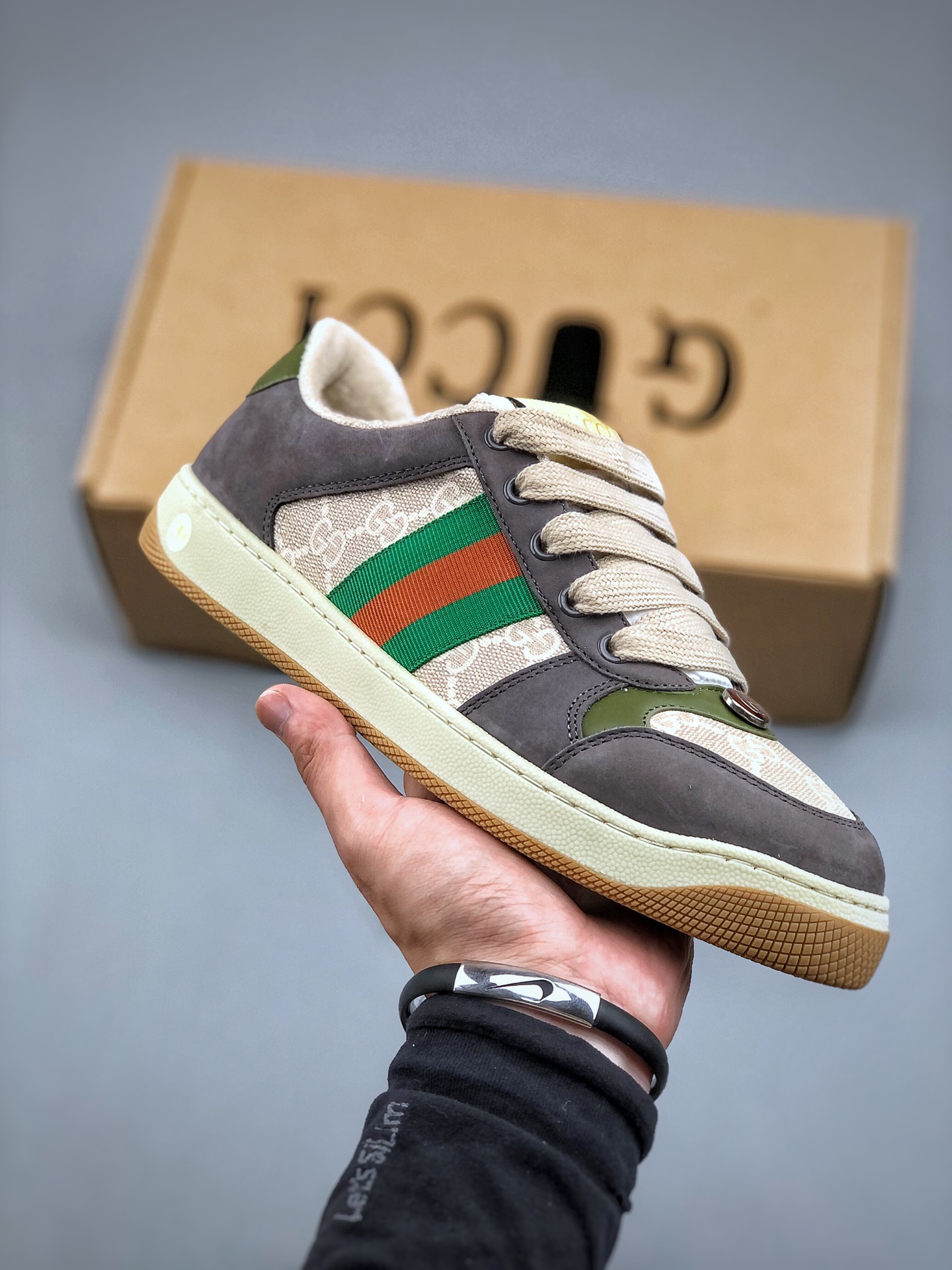 GUCCI Screener GG Monogram & Web Stripe Low-Top Fashion Sneaker – Grey (Unisex)