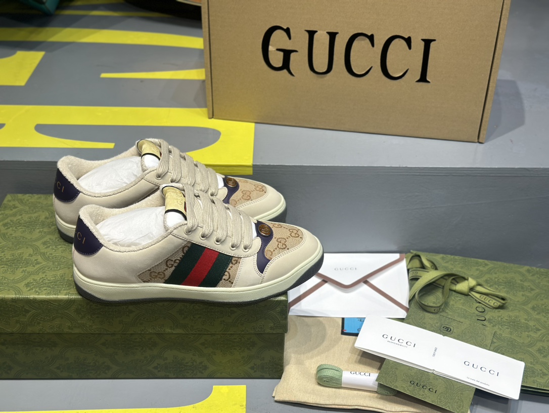 GUCCI Screener GG Enamel Distressed Low-Top Sneaker with Web Logo – Women's, Ebony
