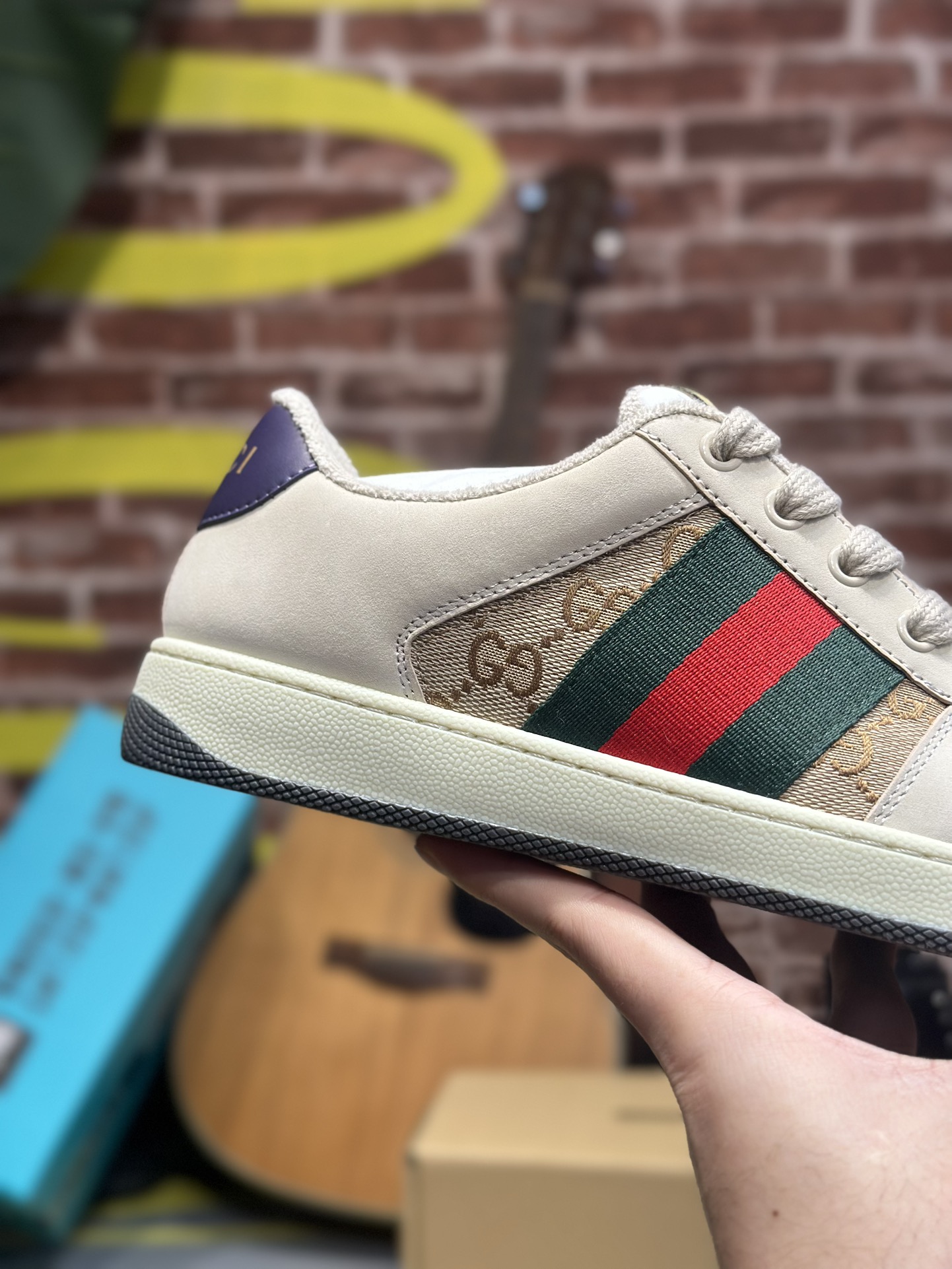 GUCCI Screener GG Enamel Distressed Low-Top Sneaker with Web Logo – Women's, Ebony