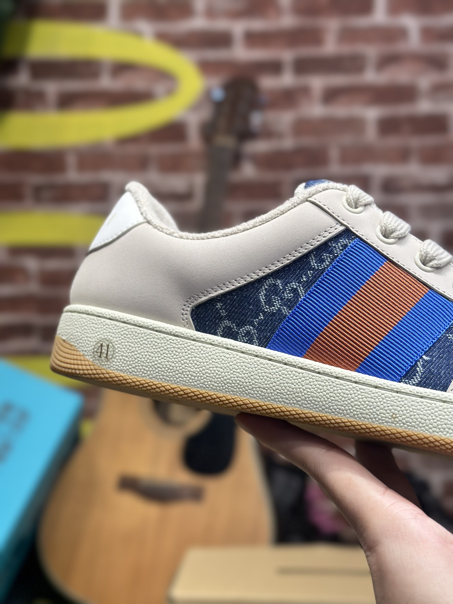 GUCCI Screener Distressed GG Enamel & Multicolor Print Low-Top Sneaker – Red/Blue (Unisex)