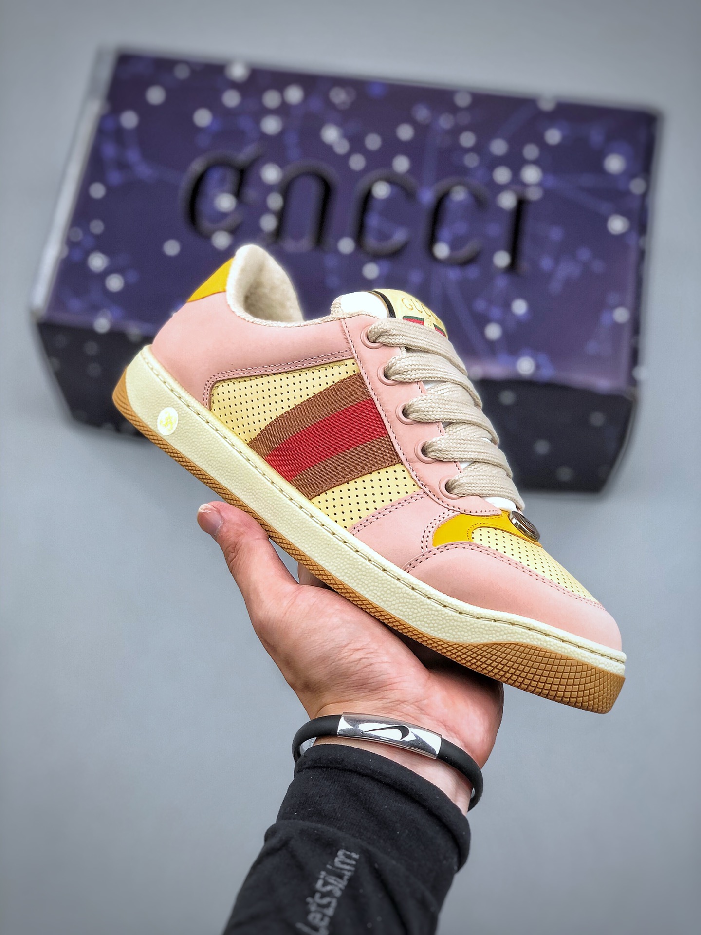 GUCCI Screener Low-Top Lace-Up Fashion Sneaker for Women – Pink/Yellow/Brown