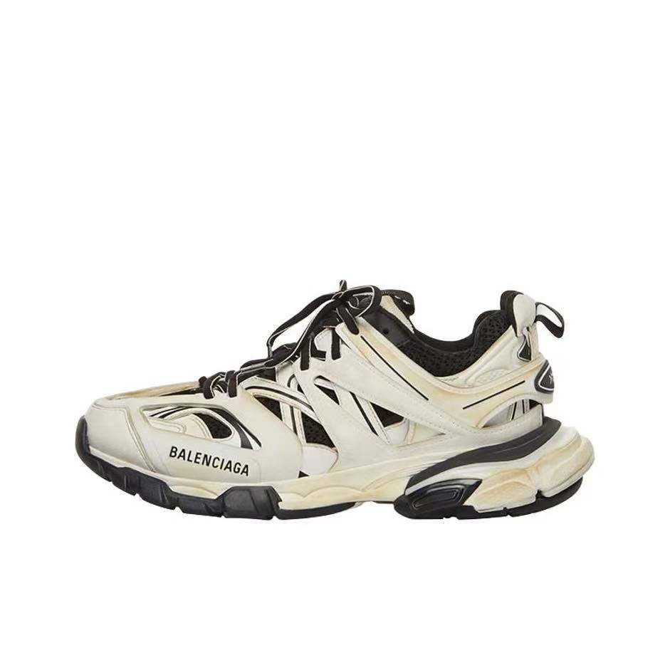 Balenciaga Track Distressed Low-Top Dad Sneakers – Women's, Cream White & Black