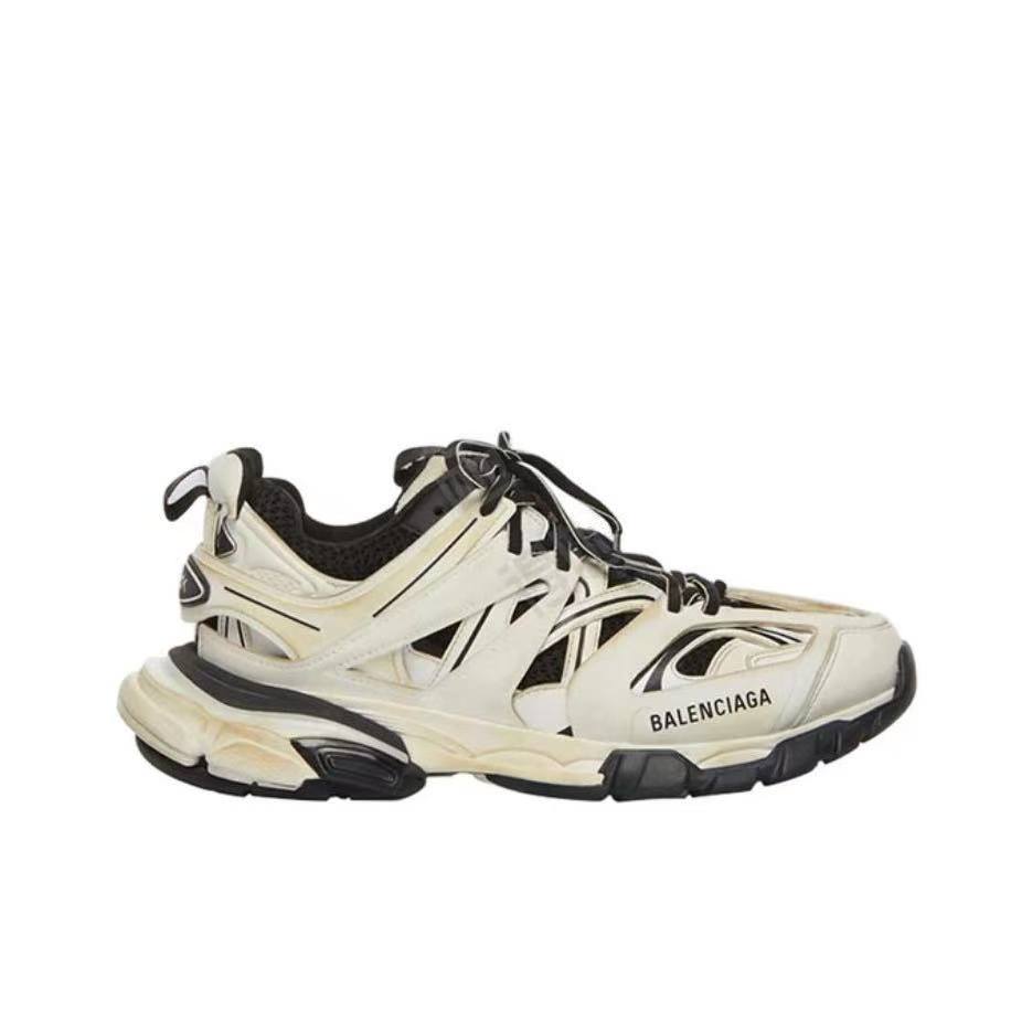 Balenciaga Track Distressed Low-Top Dad Sneakers – Women's, Cream White & Black