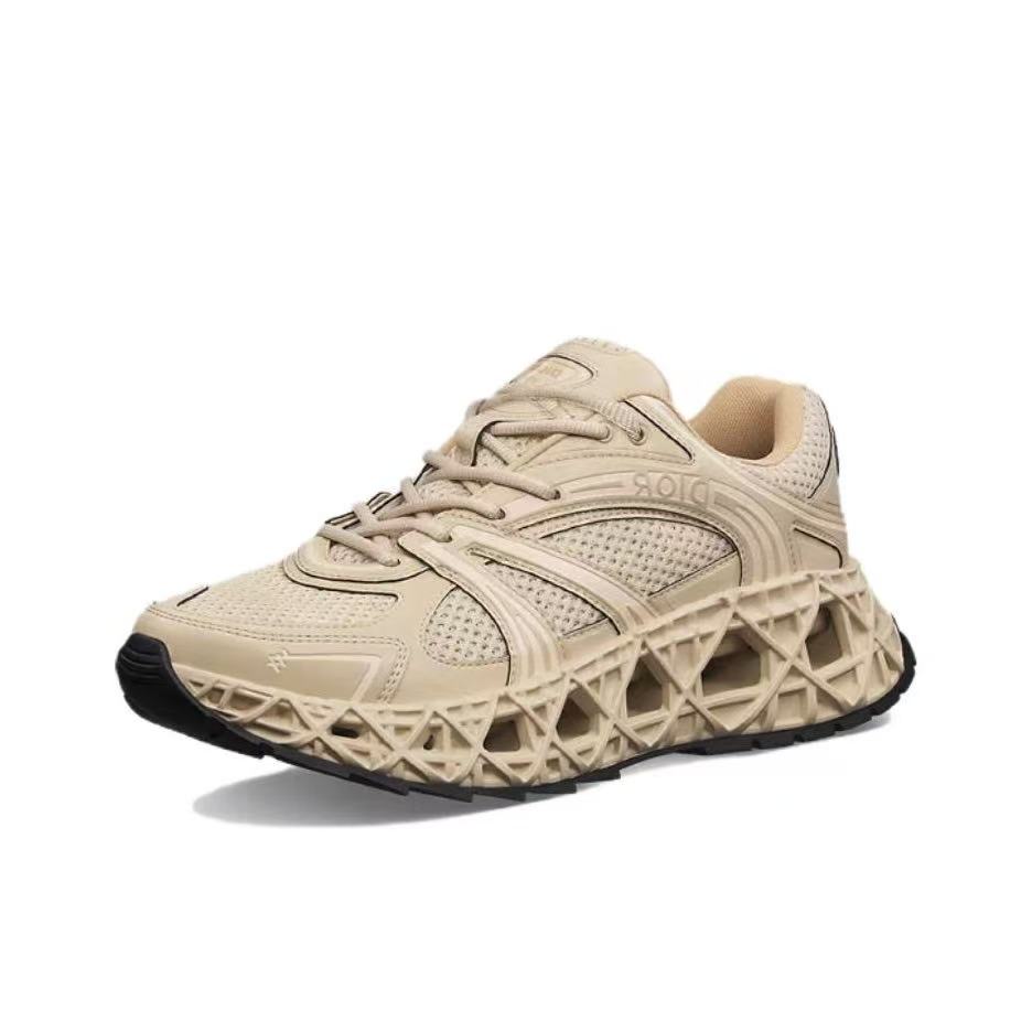 DIOR B35 NXXT Mesh Cut-Out Cannage Round-Toe Lace-Up Low-Top Casual Sneakers – Unisex, Beige
