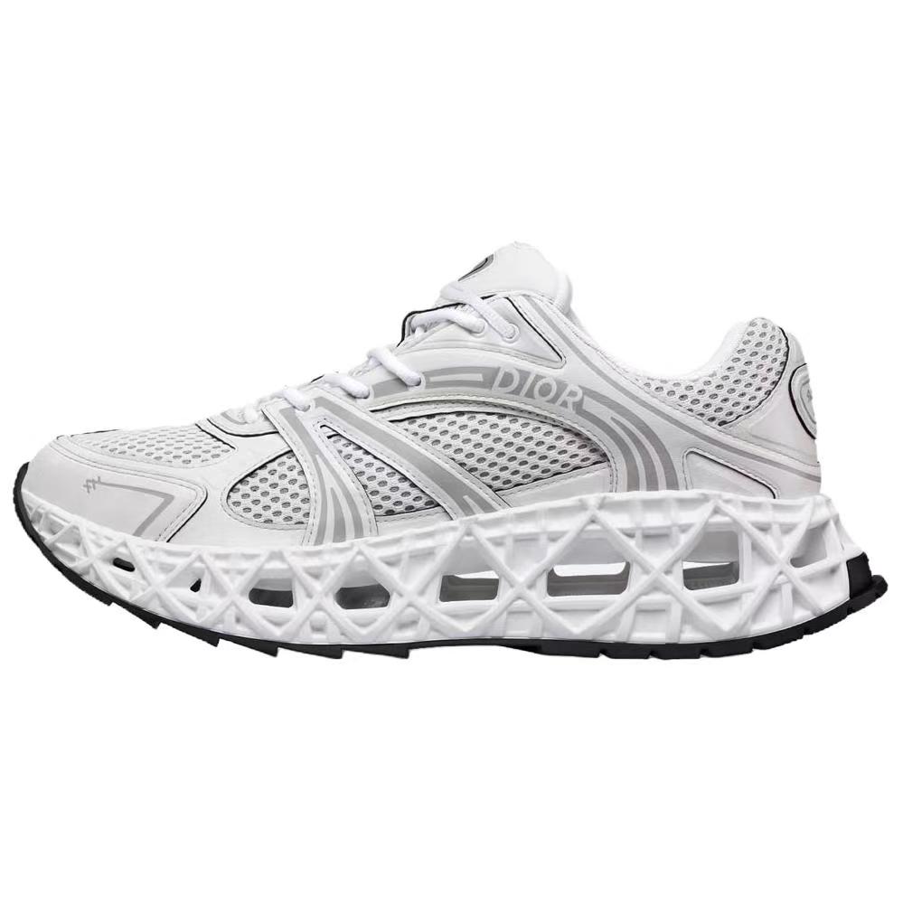DIOR B35 NXXT Mesh Cannage Cut-Out Sole Round-Toe Lace-Up Low-Top Casual Sneakers – Unisex, White