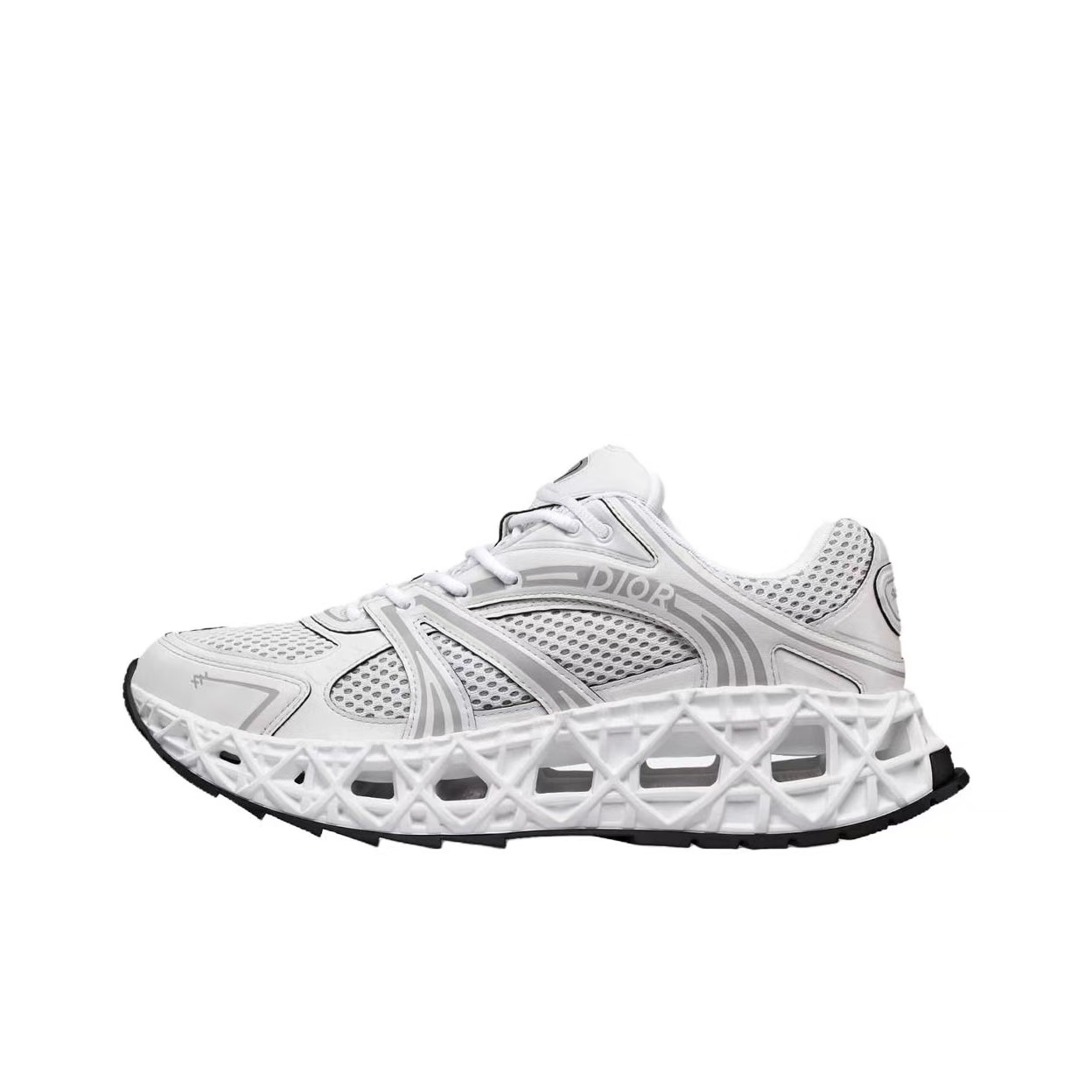 DIOR B35 NXXT Mesh Cannage Cut-Out Sole Round-Toe Lace-Up Low-Top Casual Sneakers – Unisex, White
