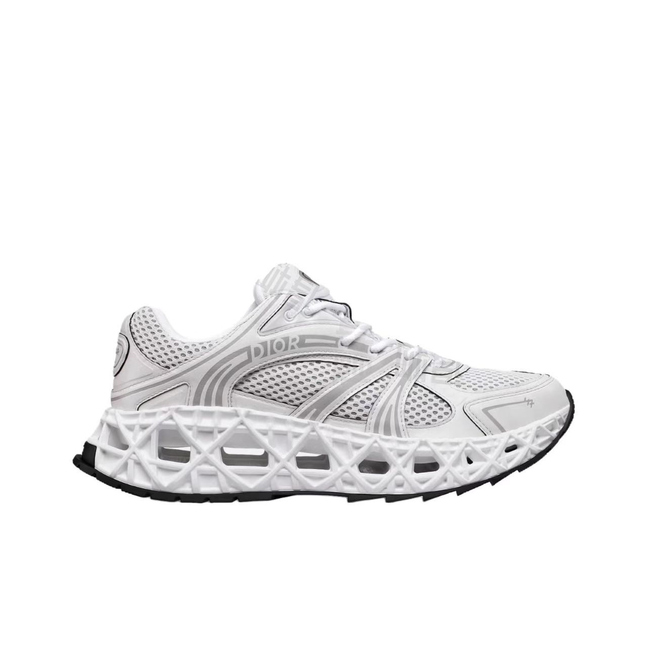 DIOR B35 NXXT Mesh Cannage Cut-Out Sole Round-Toe Lace-Up Low-Top Casual Sneakers – Unisex, White