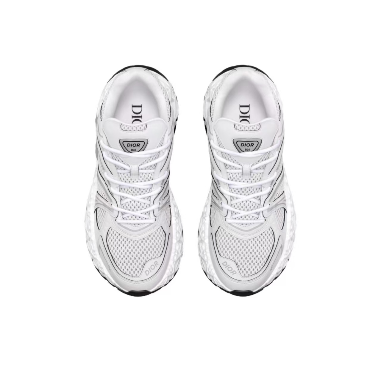 DIOR B35 NXXT Mesh Cannage Cut-Out Sole Round-Toe Lace-Up Low-Top Casual Sneakers – Unisex, White