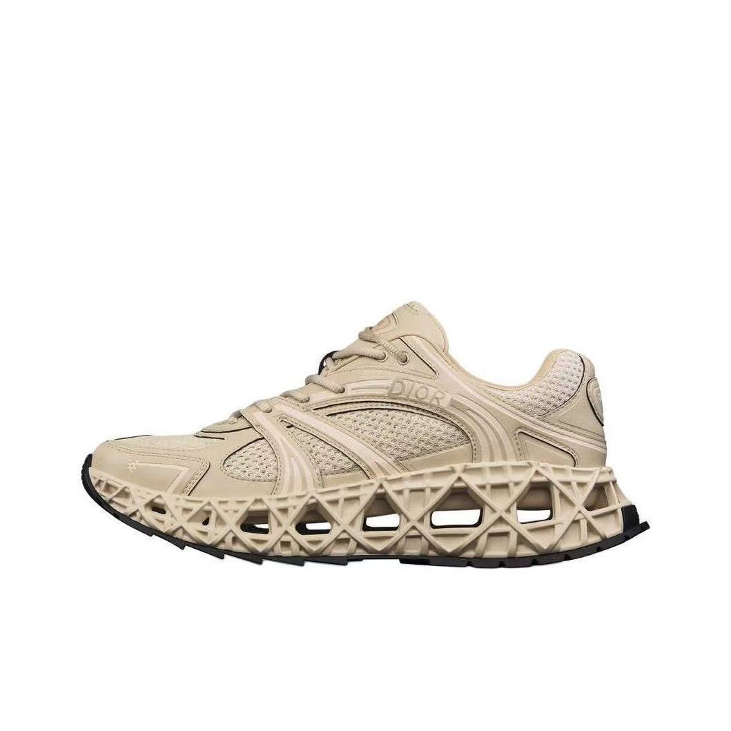 DIOR B35 NXXT Mesh Cut-Out Cannage Round-Toe Lace-Up Low-Top Casual Sneakers – Unisex, Beige