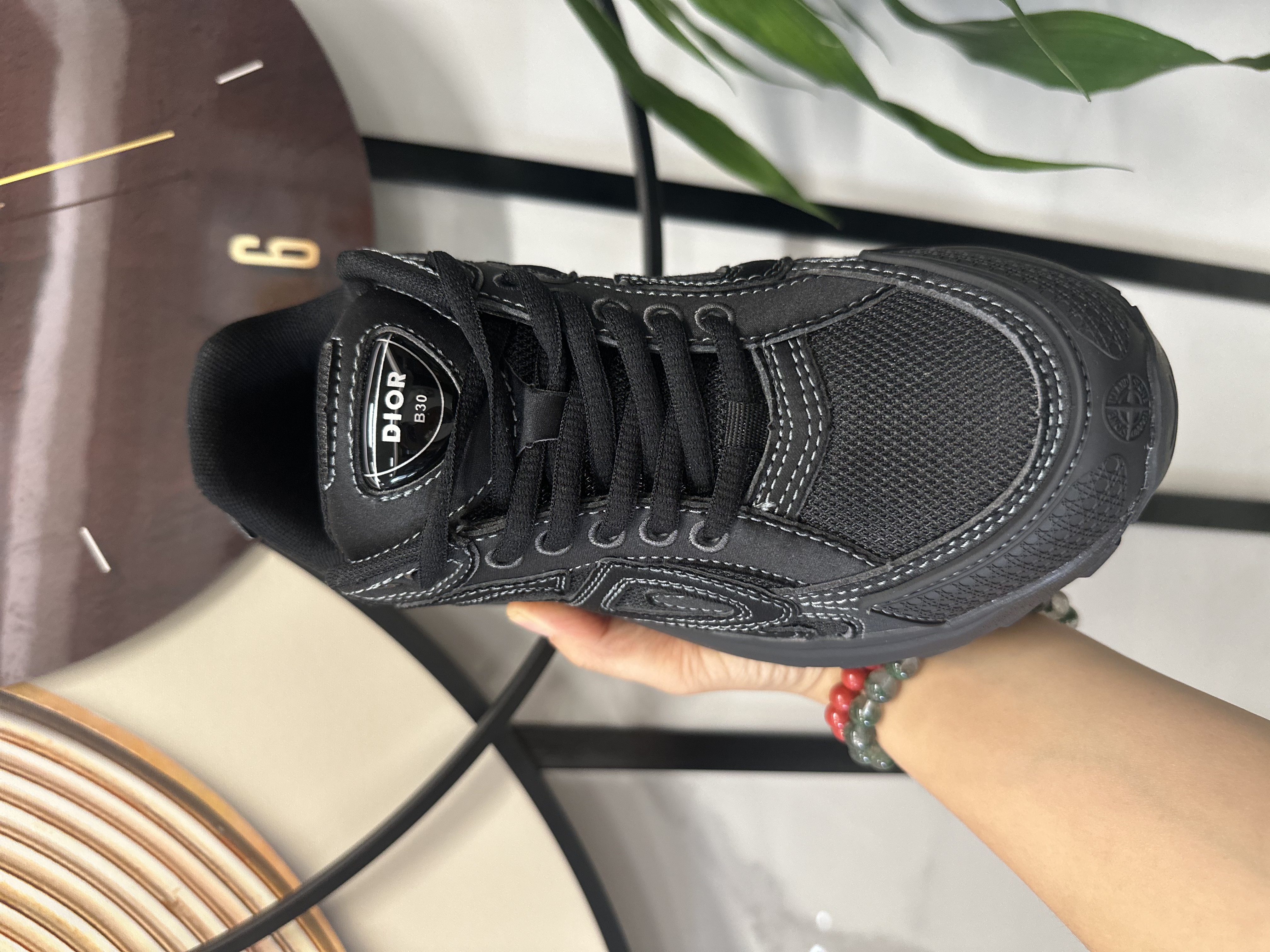 STONE ISLAND x DIOR B30 CD Low-Top Sneaker – Men's Casual Shoe, Black with White Stitching