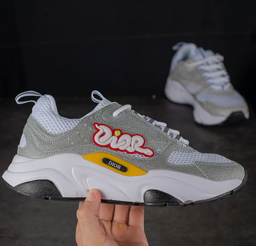 DIOR B22 Men's Sneakers – Shimmering White & Silver Finish | Street Style Low-Top