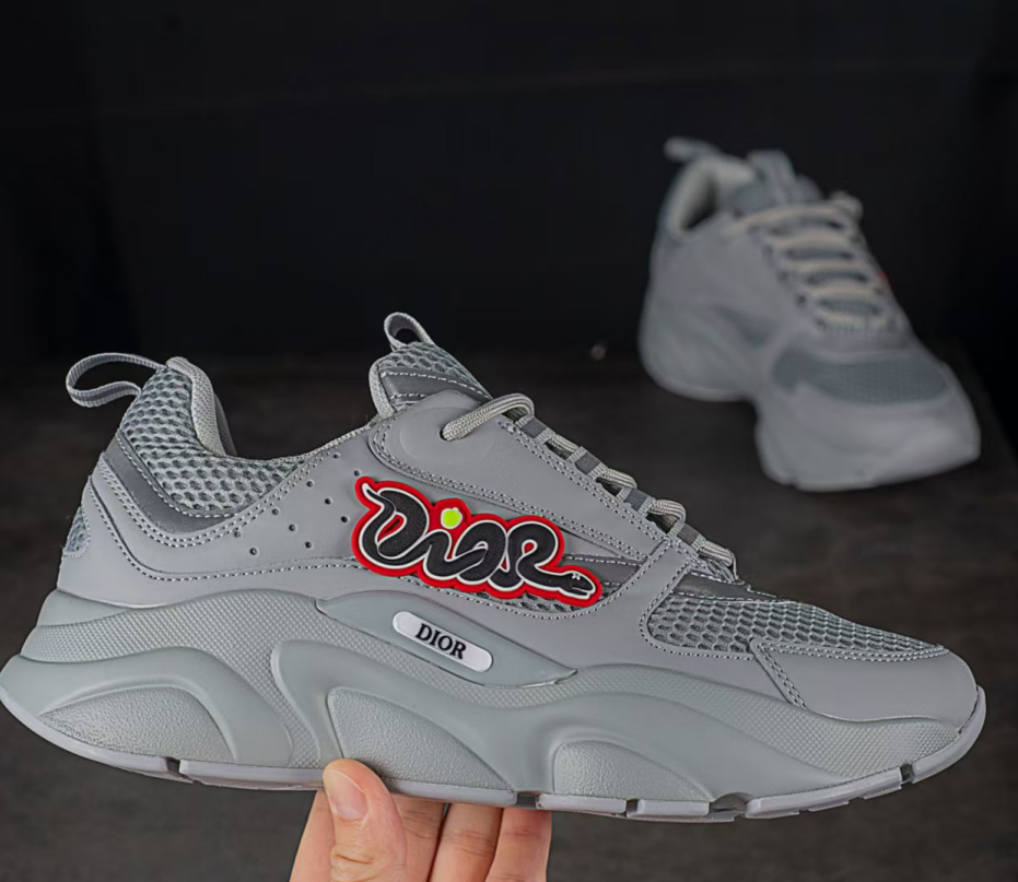 DIOR B22 Graffiti Logo Sneakers – Men's Grey Chunky Trainers with Bold Street Aesthetic