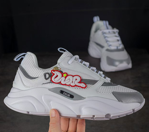 DIOR B22 Men's Sneakers – White & Silver Mesh & Leather with Graffiti Logo | Street Style Low-Top