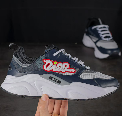 DIOR B22 Men's Sneakers – Navy Blue & White Mesh & Leather with Graffiti Logo | Street Style Low-Top