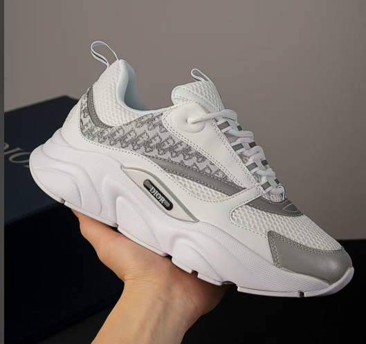 DIOR B22 Mesh and Leather Low-Top Sneakers – Men's Fashion Trainer – Silver White
