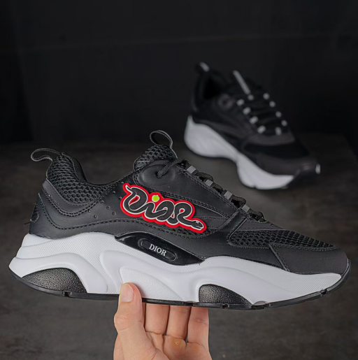DIOR B22 Men's Sneakers – Black & White Mesh and Leather with Graffiti Logo | Street Style Low-Top