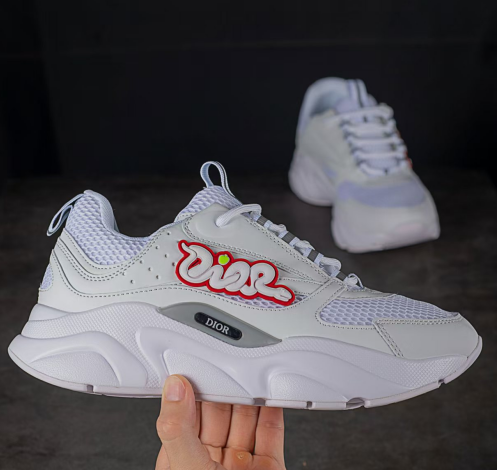 DIOR B22 Men's Sneakers – All-White Mesh and Leather with Graffiti Logo | Street Style Low-Top