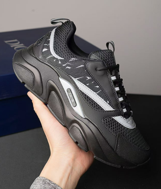 DIOR B22 Chunky Sneakers – Black & Silver Mesh-Layered Running Shoes for Men