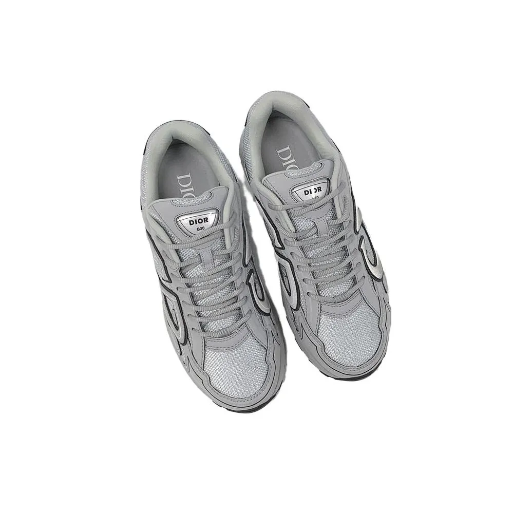 DIOR B30 Mesh Round-Toe Lace-Up Low-Top Casual Sneaker with Side Letter Logo for Men – Grey and White