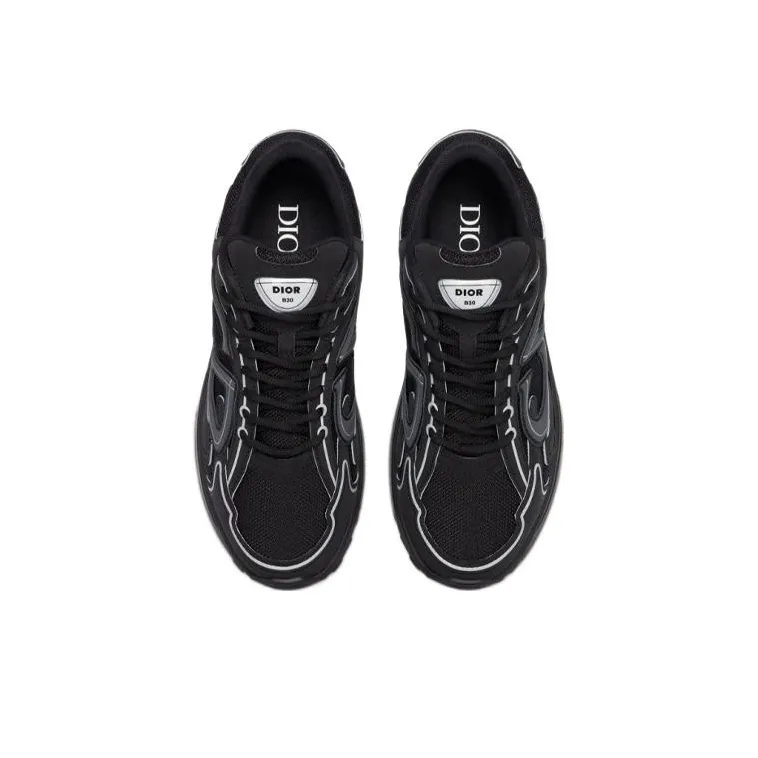 DIOR B30 Mesh Round-Toe Lace-Up Low-Top Casual Sneaker with Side Letter Logo for Men – Black