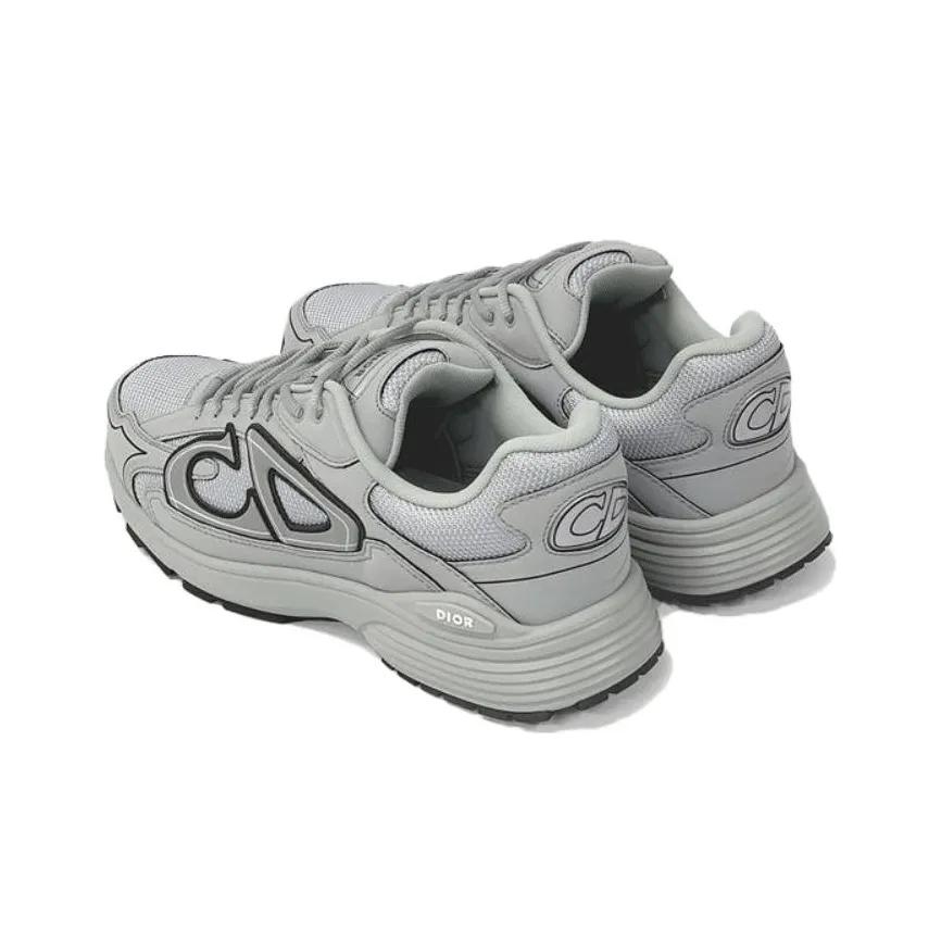 DIOR B30 Mesh Round-Toe Lace-Up Low-Top Casual Sneaker with Side Letter Logo for Men – Grey and White